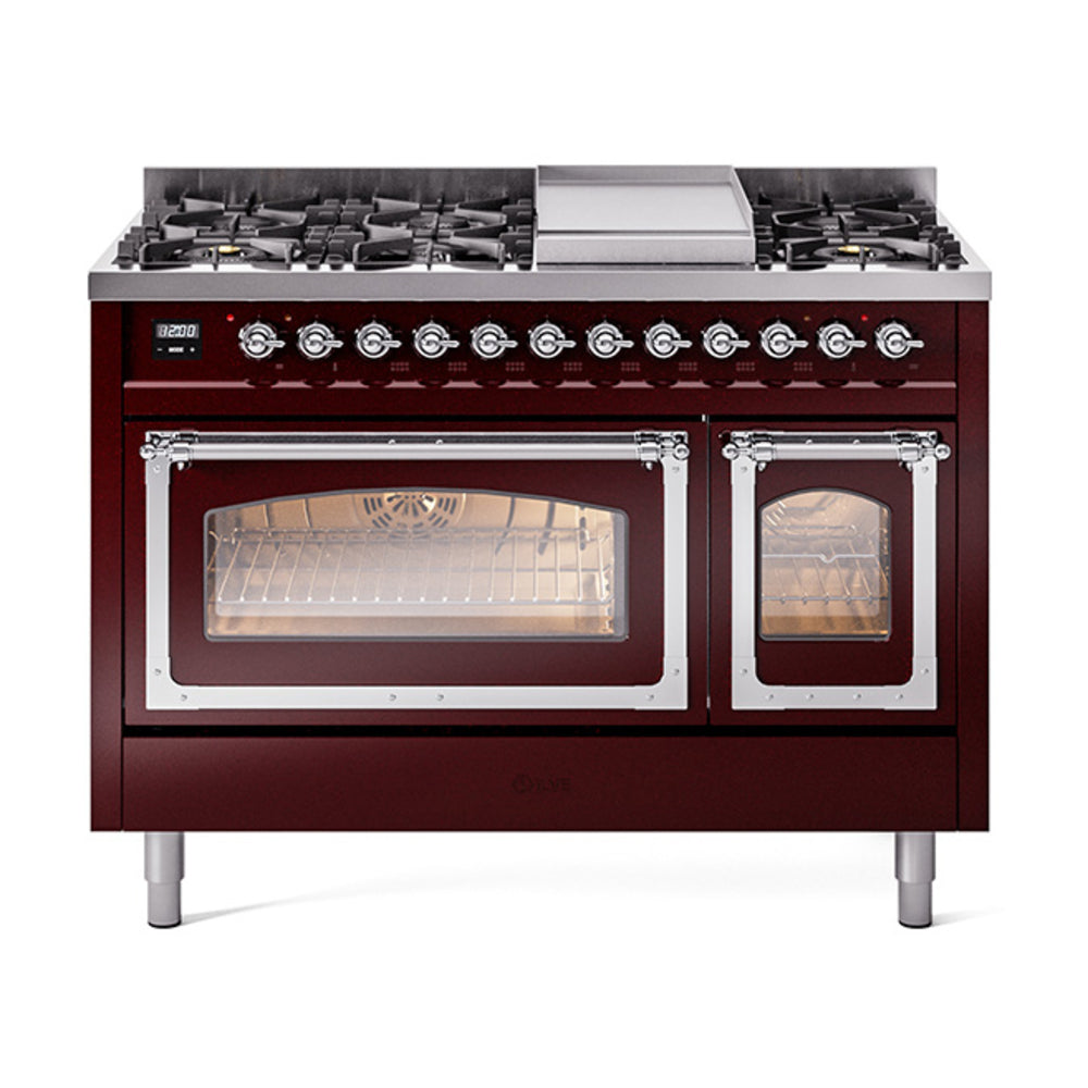 ILVE Nostalgie II Noblesse 48" Dual Fuel Freestanding Range 8 Sealed Burners + Griddle with Triple Glass Door UN48FNMP