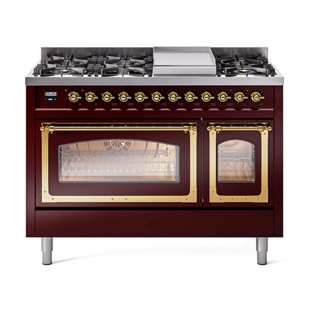 ILVE Nostalgie II Noblesse 48" Dual Fuel Freestanding Range 8 Sealed Burners + Griddle with Triple Glass Door UN48FNMP