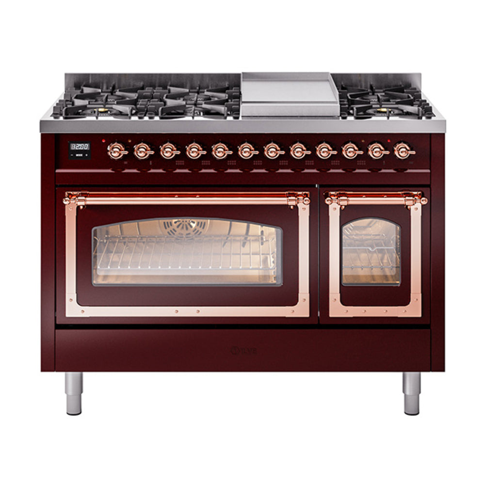 ILVE Nostalgie II Noblesse 48" Dual Fuel Freestanding Range 8 Sealed Burners + Griddle with Triple Glass Door UN48FNMP