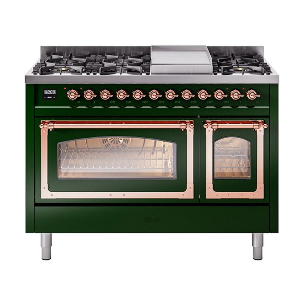 ILVE Nostalgie II Noblesse 48" Dual Fuel Freestanding Range 8 Sealed Burners + Griddle with Triple Glass Door UN48FNMP