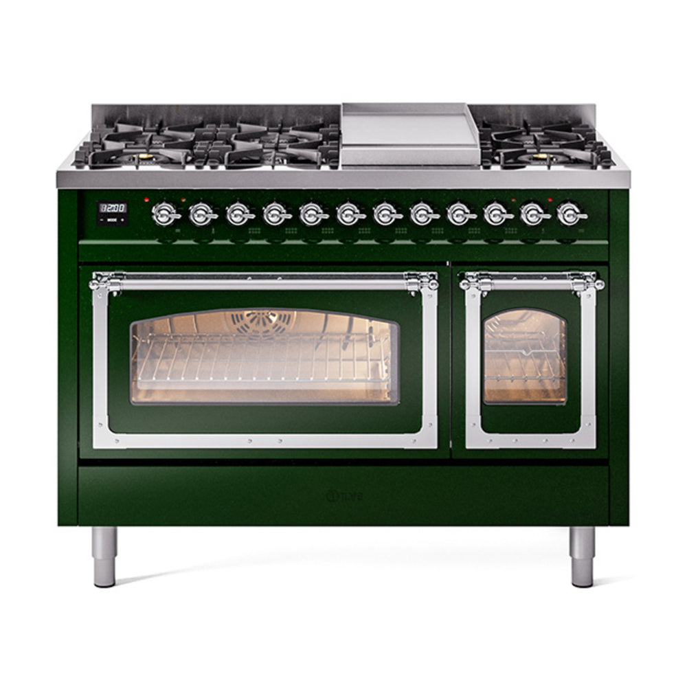 ILVE Nostalgie II Noblesse 48" Dual Fuel Freestanding Range 8 Sealed Burners + Griddle with Triple Glass Door UN48FNMP