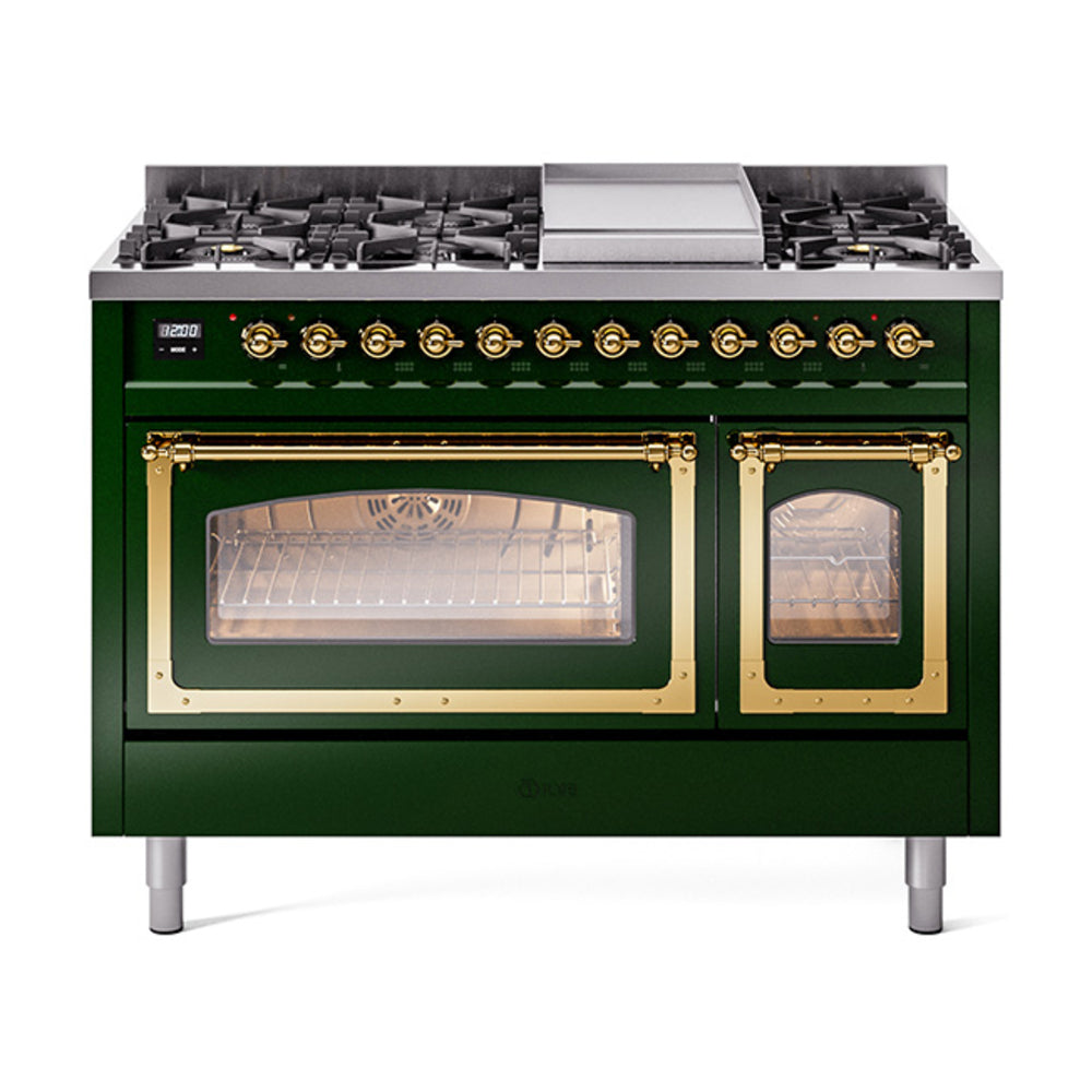 ILVE Nostalgie II Noblesse 48" Dual Fuel Freestanding Range 8 Sealed Burners + Griddle with Triple Glass Door UN48FNMP