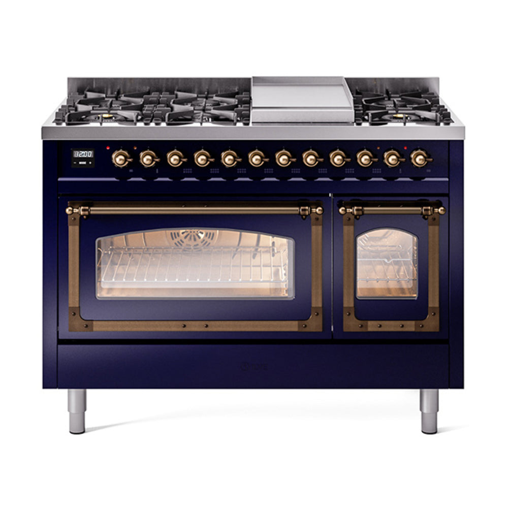 ILVE Nostalgie II Noblesse 48" Dual Fuel Freestanding Range 8 Sealed Burners + Griddle with Triple Glass Door UN48FNMP