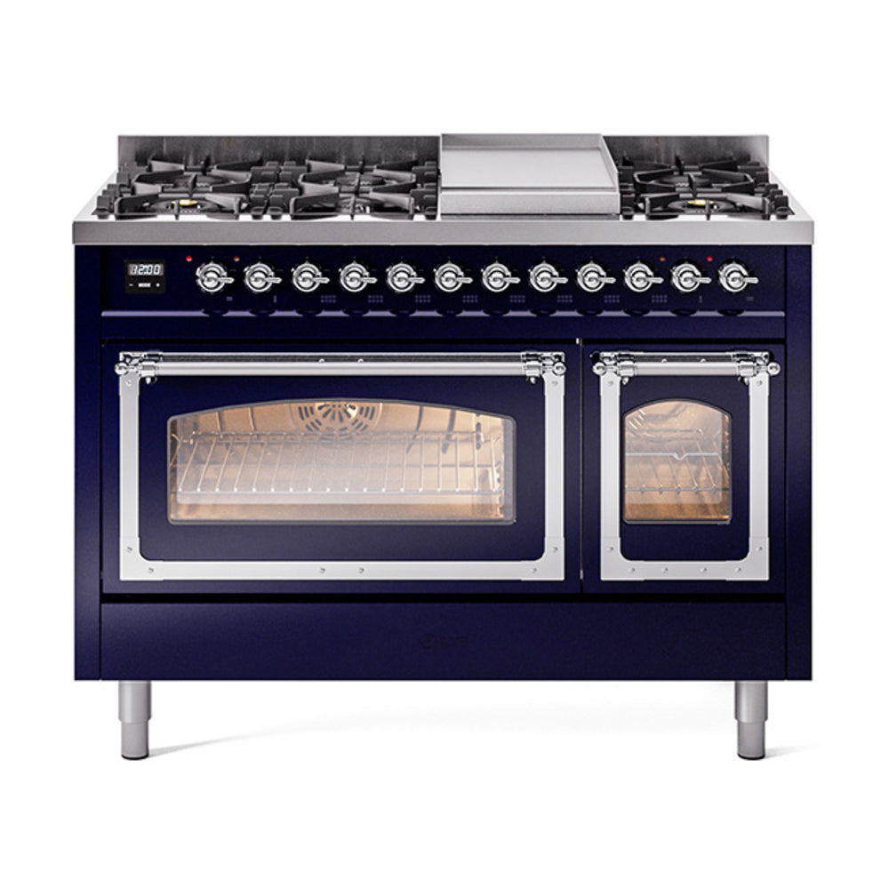 ILVE Nostalgie II Noblesse 48" Dual Fuel Freestanding Range 8 Sealed Burners + Griddle with Triple Glass Door UN48FNMP