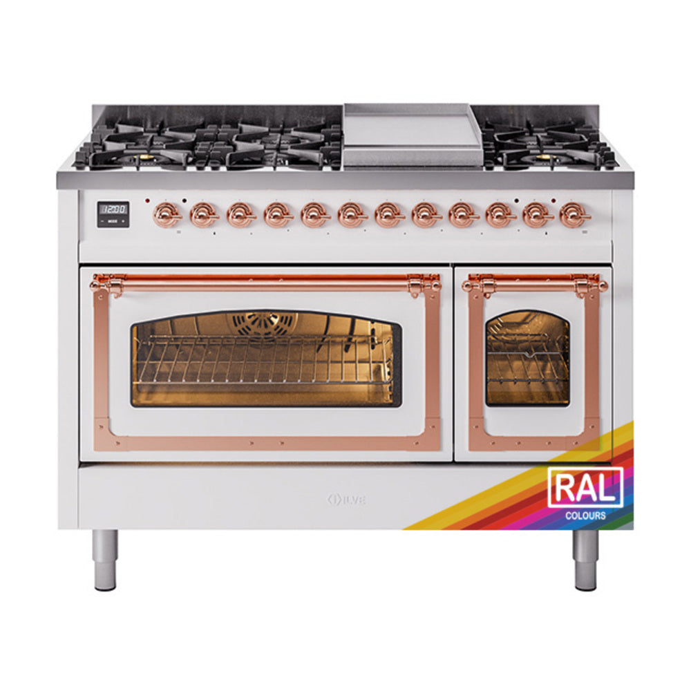 ILVE Nostalgie II Noblesse 48" Dual Fuel Freestanding Range 8 Sealed Burners + Griddle with Triple Glass Door UN48FNMP