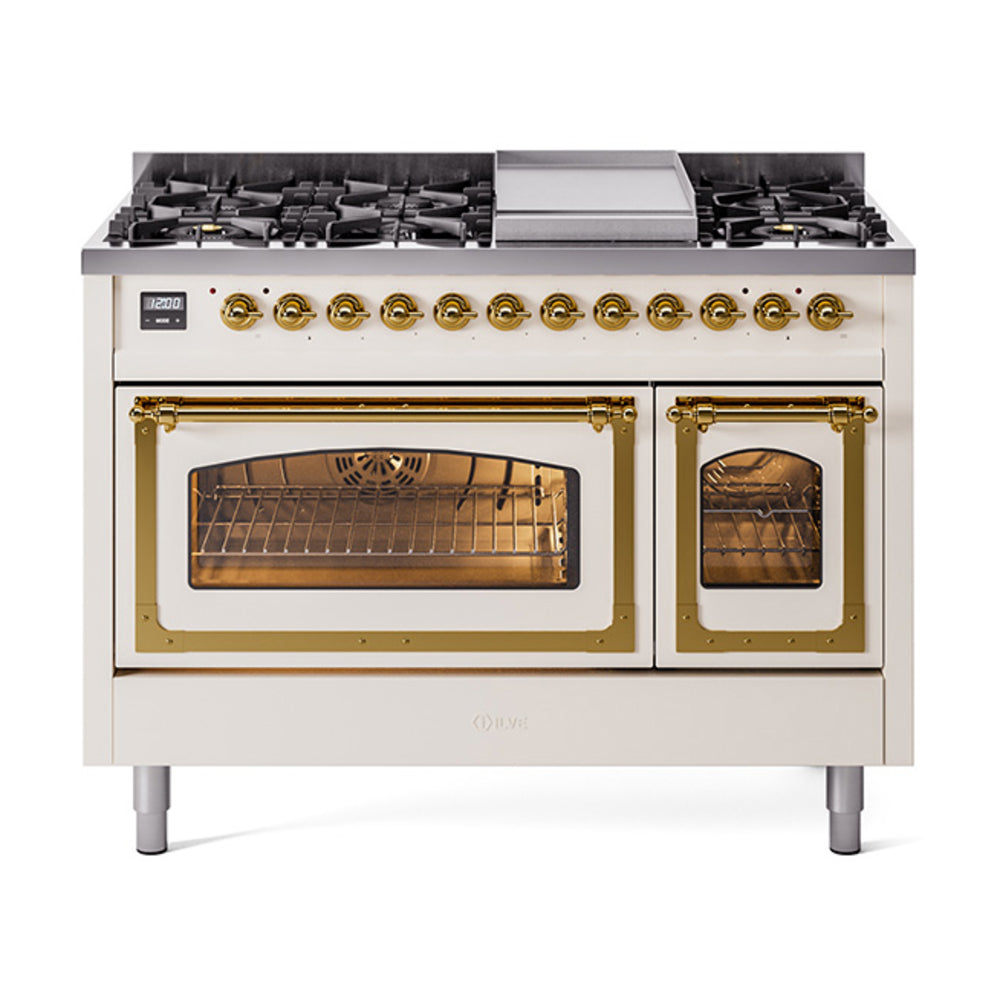 ILVE Nostalgie II Noblesse 48" Dual Fuel Freestanding Range 8 Sealed Burners + Griddle with Triple Glass Door UN48FNMP