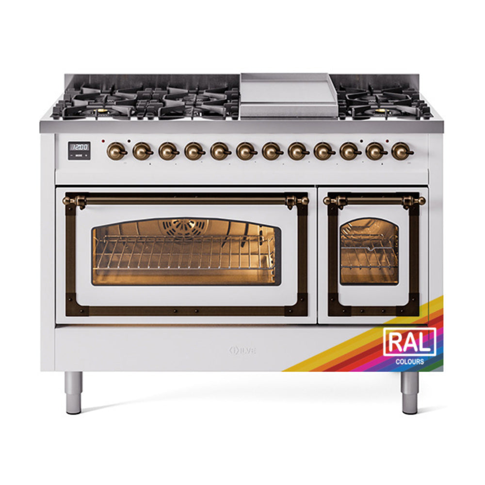 ILVE Nostalgie II Noblesse 48" Dual Fuel Freestanding Range 8 Sealed Burners + Griddle with Triple Glass Door UN48FNMP