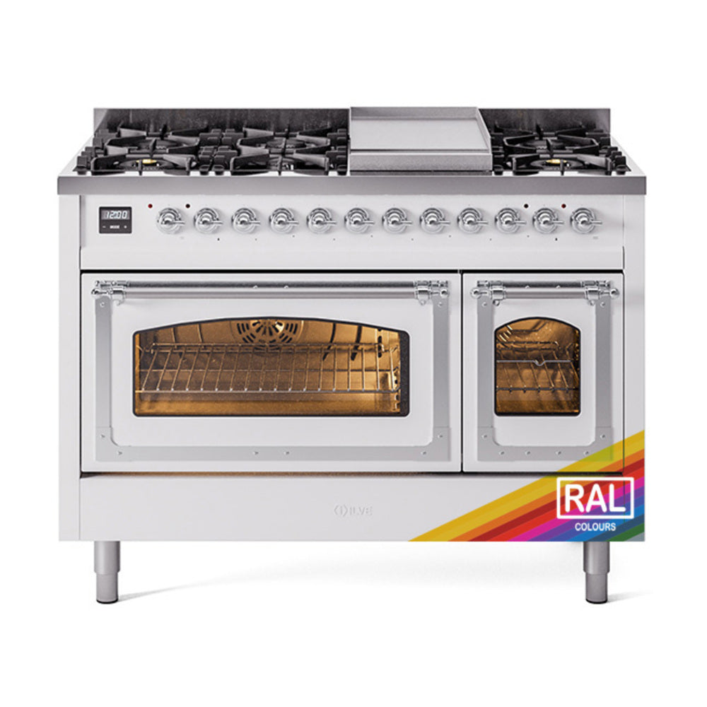 ILVE Nostalgie II Noblesse 48" Dual Fuel Freestanding Range 8 Sealed Burners + Griddle with Triple Glass Door UN48FNMP