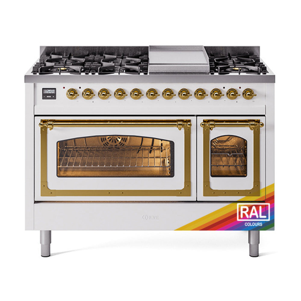 ILVE Nostalgie II Noblesse 48" Dual Fuel Freestanding Range 8 Sealed Burners + Griddle with Triple Glass Door UN48FNMP