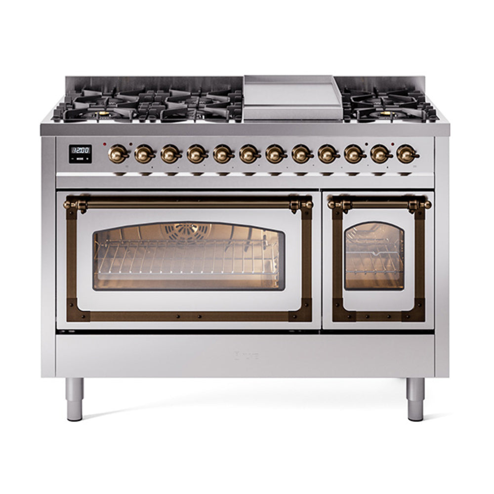 ILVE Nostalgie II Noblesse 48" Dual Fuel Freestanding Range 8 Sealed Burners + Griddle with Triple Glass Door UN48FNMP