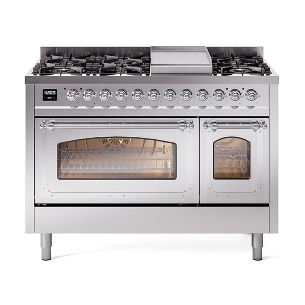ILVE Nostalgie II Noblesse 48" Dual Fuel Freestanding Range 8 Sealed Burners + Griddle with Triple Glass Door UN48FNMP