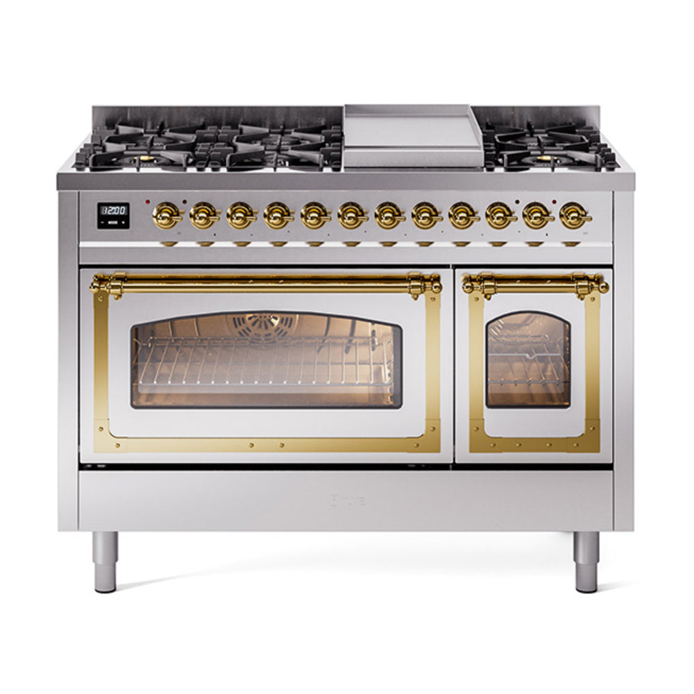 ILVE Nostalgie II Noblesse 48" Dual Fuel Freestanding Range 8 Sealed Burners + Griddle with Triple Glass Door UN48FNMP