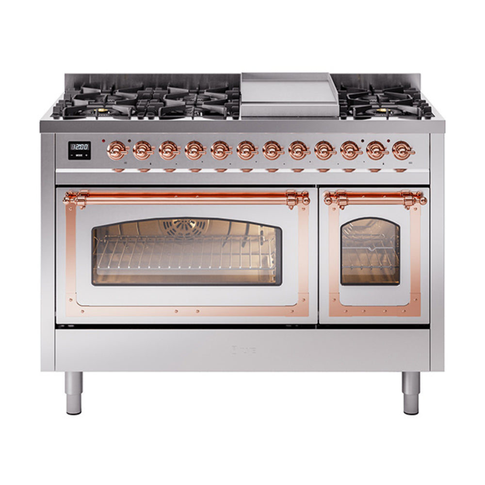 ILVE Nostalgie II Noblesse 48" Dual Fuel Freestanding Range 8 Sealed Burners + Griddle with Triple Glass Door UN48FNMP