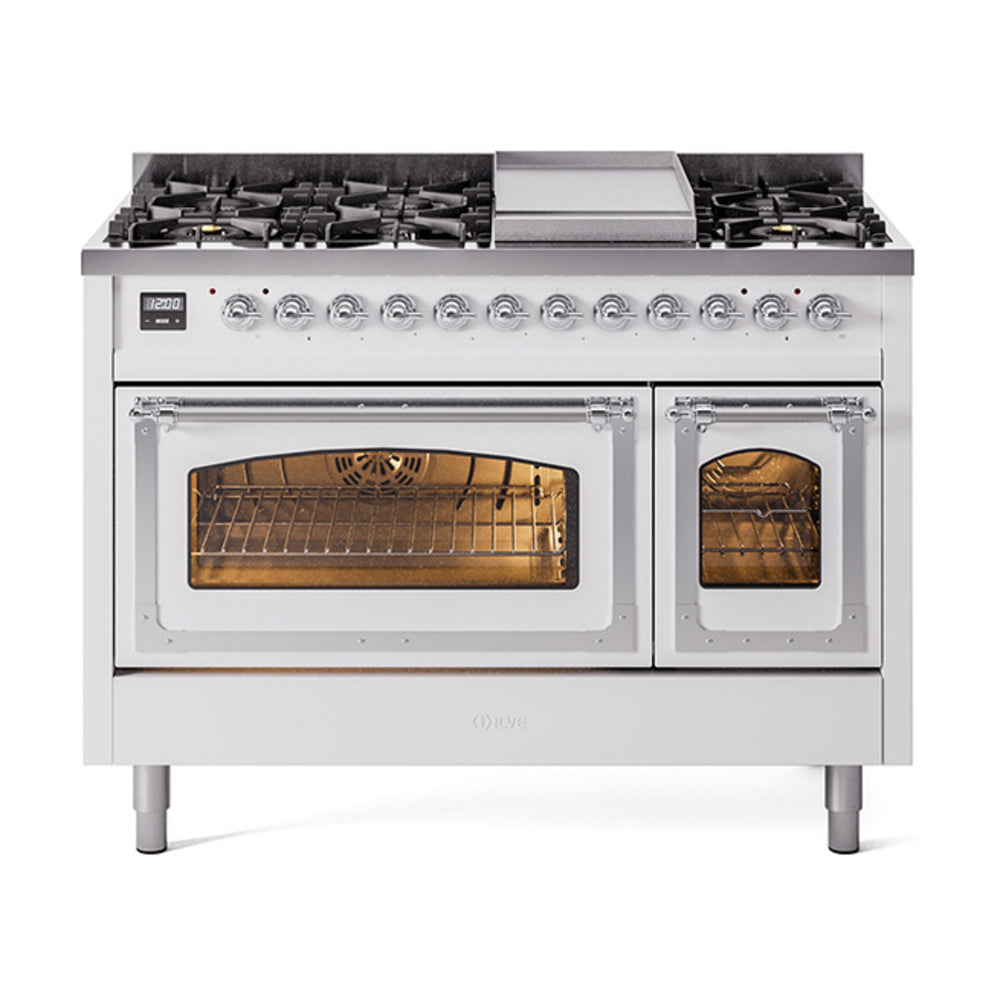 ILVE Nostalgie II Noblesse 48" Dual Fuel Freestanding Range 8 Sealed Burners + Griddle with Triple Glass Door UN48FNMP