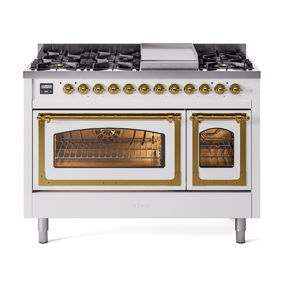 ILVE Nostalgie II Noblesse 48" Dual Fuel Freestanding Range 8 Sealed Burners + Griddle with Triple Glass Door UN48FNMP