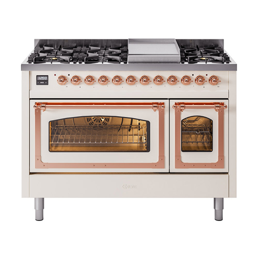ILVE Nostalgie II Noblesse 48" Dual Fuel Freestanding Range 8 Sealed Burners + Griddle with Triple Glass Door UN48FNMP