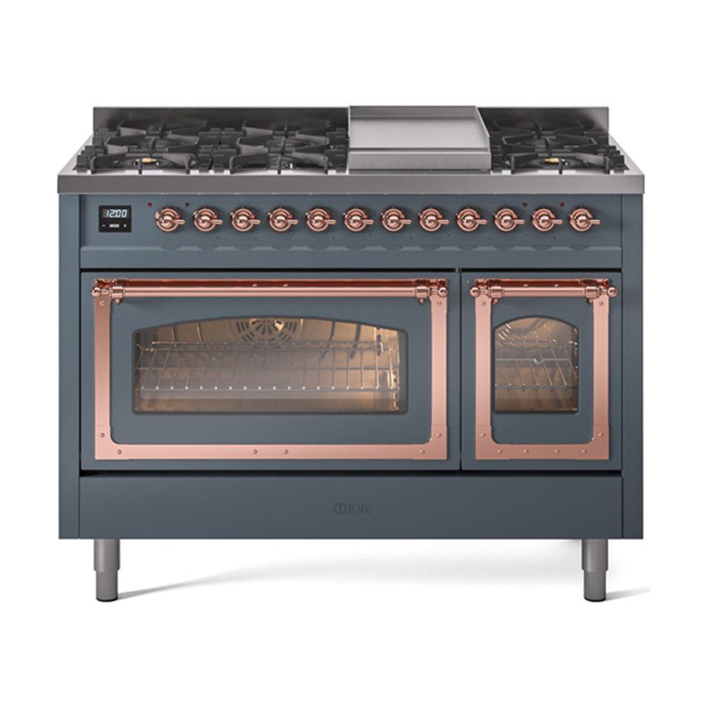 ILVE Nostalgie II Noblesse 48" Dual Fuel Freestanding Range 8 Sealed Burners + Griddle with Triple Glass Door UN48FNMP