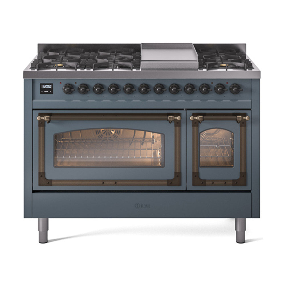 ILVE Nostalgie II Noblesse 48" Dual Fuel Freestanding Range 8 Sealed Burners + Griddle with Triple Glass Door UN48FNMP