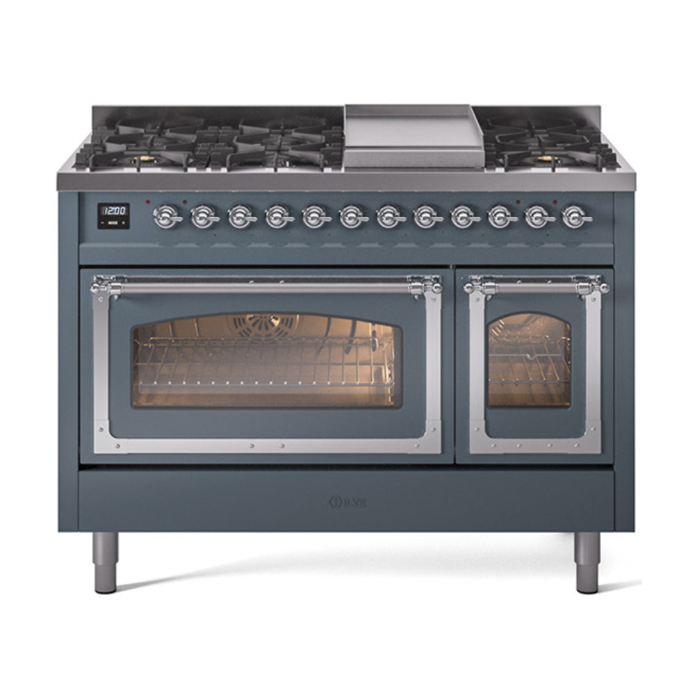 ILVE Nostalgie II Noblesse 48" Dual Fuel Freestanding Range 8 Sealed Burners + Griddle with Triple Glass Door UN48FNMP