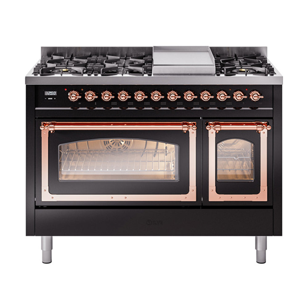ILVE Nostalgie II Noblesse 48" Dual Fuel Freestanding Range 8 Sealed Burners + Griddle with Triple Glass Door UN48FNMP