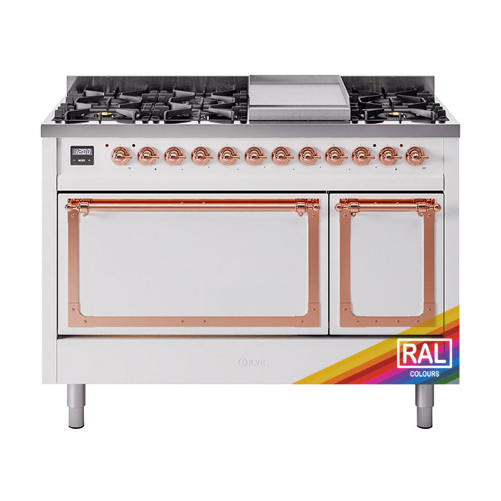 ILVE Nostalgie II Noblesse 48" Dual Fuel Freestanding Range 8 Sealed Burners + Griddle with Solid Door  UN48FQNMP