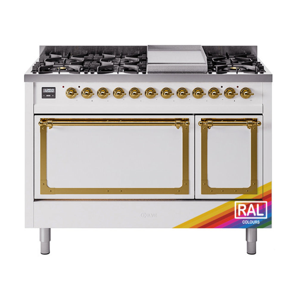 ILVE Nostalgie II Noblesse 48" Dual Fuel Freestanding Range 8 Sealed Burners + Griddle with Solid Door  UN48FQNMP
