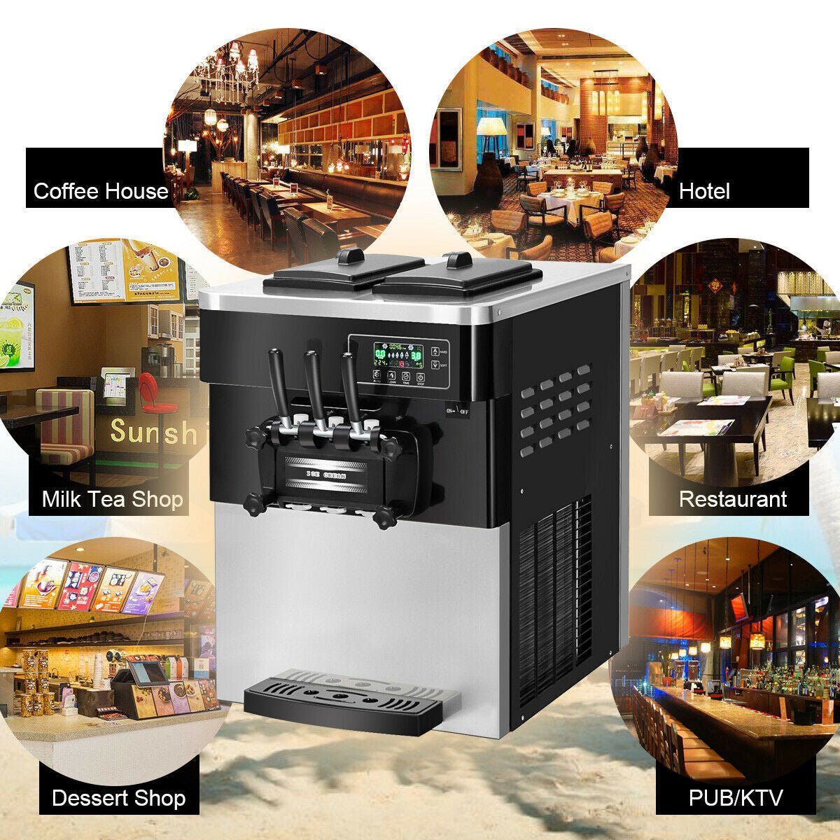 Large 20-28L/H 3 Flavor Stainless Steel Commercial Ice Cream Machine W/ LCD Display, 2200W (93747150)