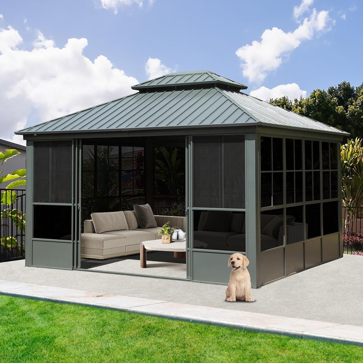[12x14FT] Large Heavy Duty All-Season Steel Top Aluminum Double Roof Backyard Gazebo