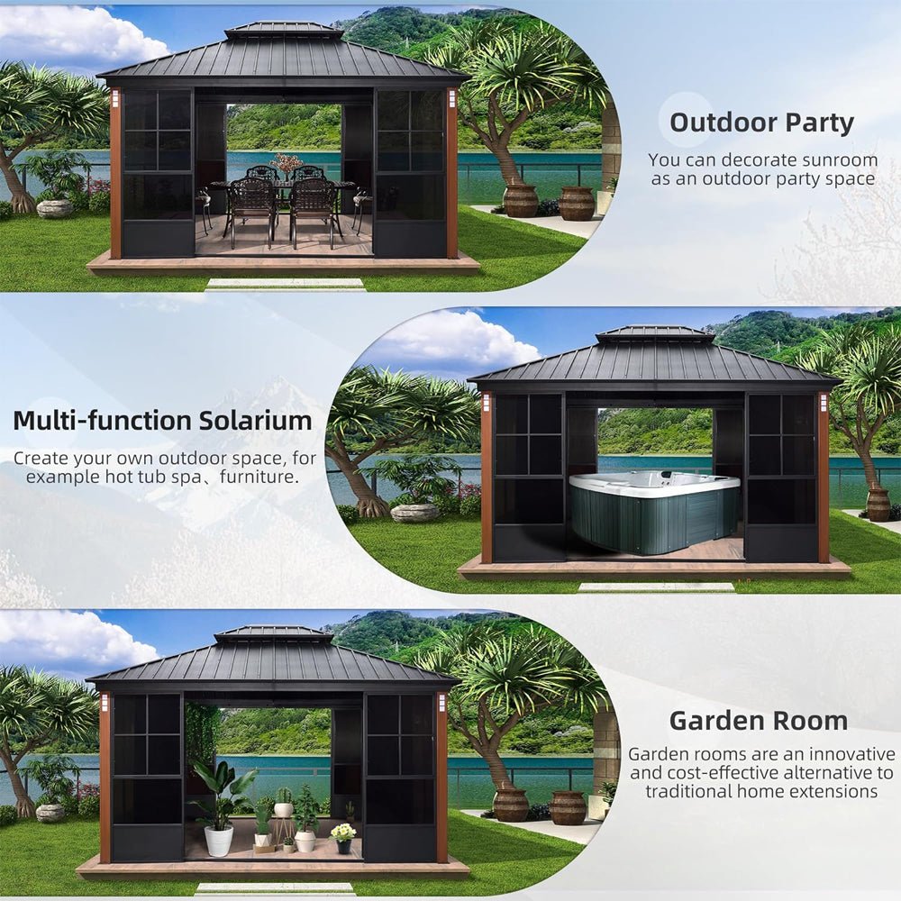 [12x14FT] Large Heavy Duty Outdoor Aluminum Patio Hard Double Steel Top Backyard Sun Room Gazebo (94625371)