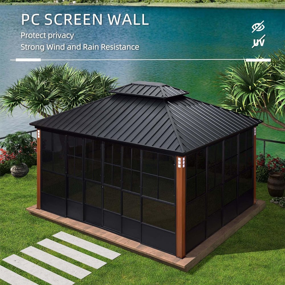 [12x14FT] Large Heavy Duty Outdoor Aluminum Patio Hard Double Steel Top Backyard Sun Room Gazebo (94625371)