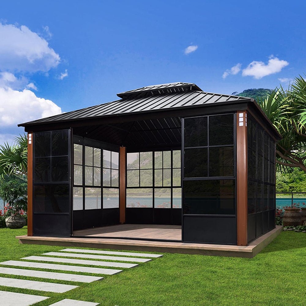 [12x14FT] Large Heavy Duty Outdoor Aluminum Patio Hard Double Steel Top Backyard Sun Room Gazebo (94625371)
