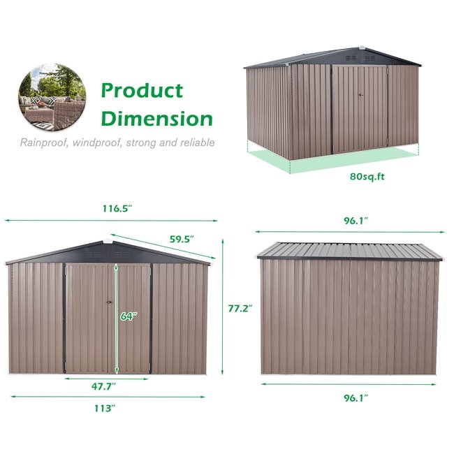 Large Heavy Duty Outdoor Metal Garden Tools Storage Utility Shed W/ Lockable Door, 8x10' (94172751)