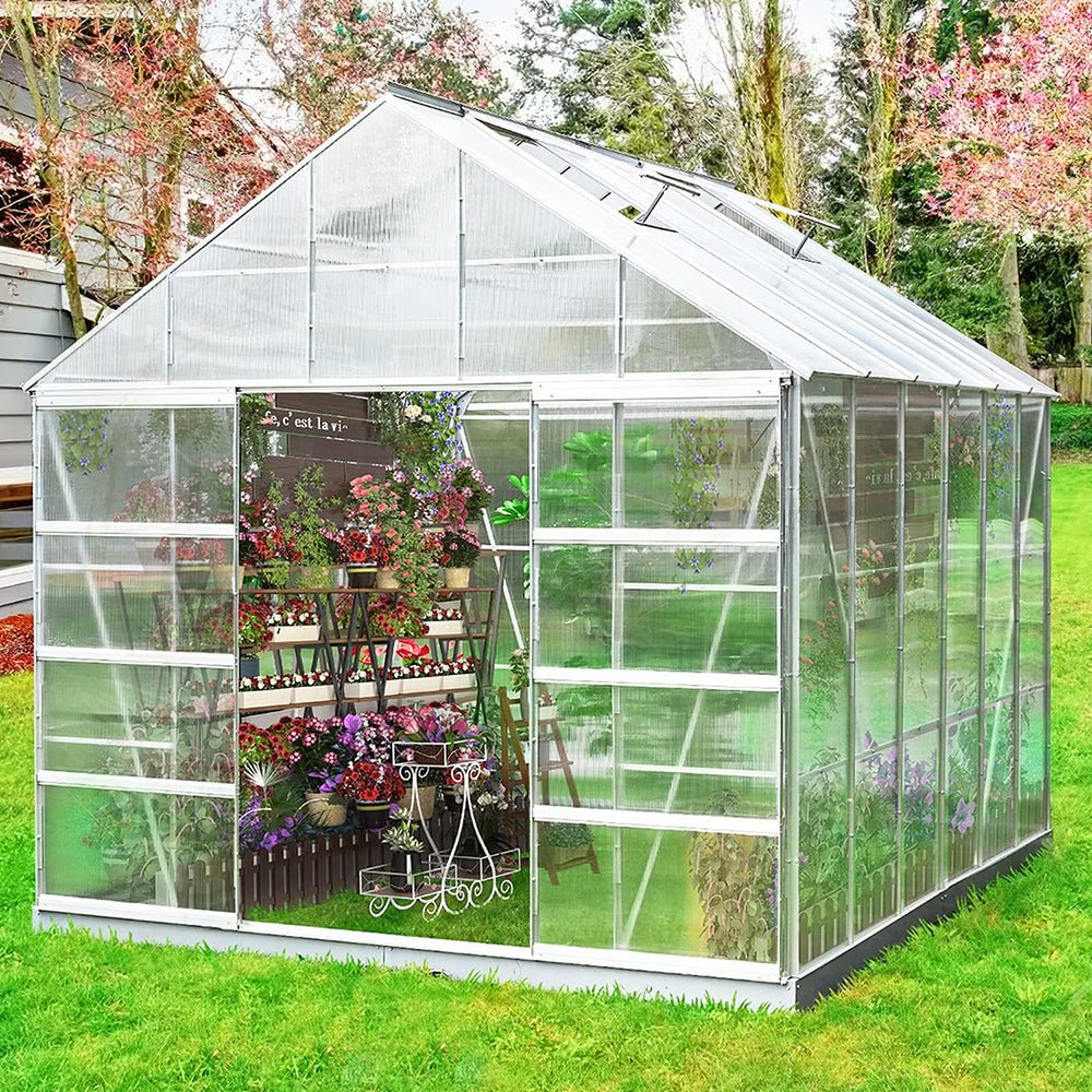 [10x12FT] Large Heavy Duty Outdoor Walk-In Polycarbonate Aluminum Frame Greenhouse With Adjustable Vents & Sliding Doors