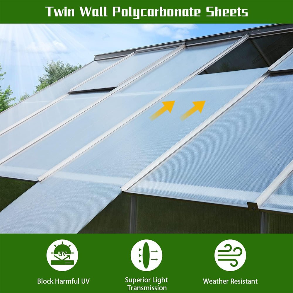 [10x12FT] Large Heavy Duty Outdoor Walk-In Polycarbonate Aluminum Frame Greenhouse With Adjustable Vents & Sliding Doors