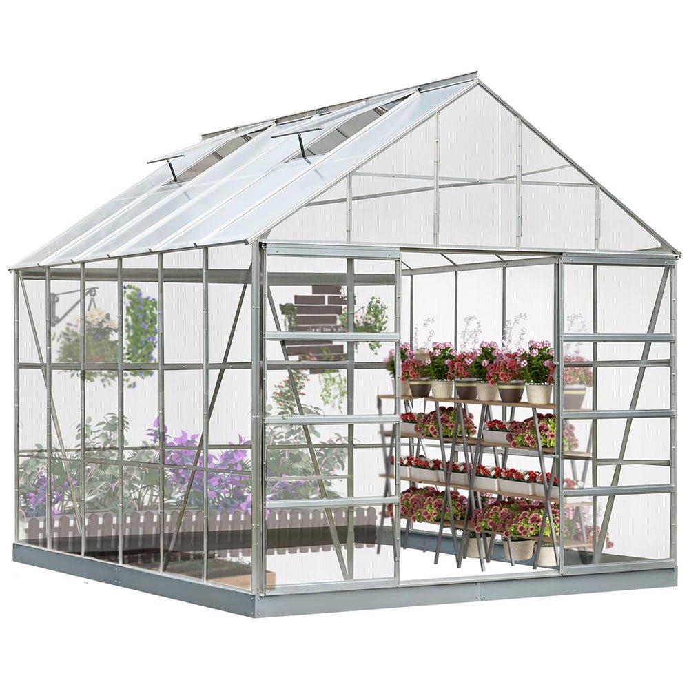 [10x12FT] Large Heavy Duty Outdoor Walk-In Polycarbonate Aluminum Frame Greenhouse With Adjustable Vents & Sliding Doors