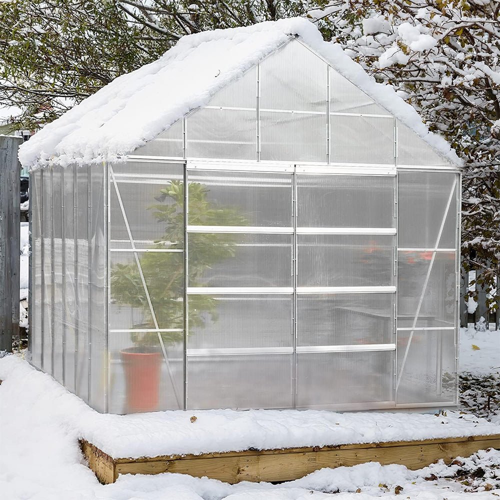 [10x12FT] Large Heavy Duty Outdoor Walk-In Polycarbonate Aluminum Frame Greenhouse With Adjustable Vents & Sliding Doors