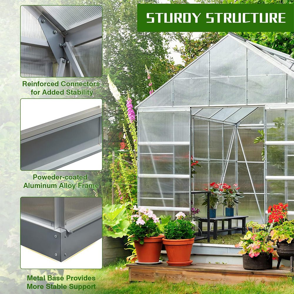 [10x12FT] Large Heavy Duty Outdoor Walk-In Polycarbonate Aluminum Frame Greenhouse With Adjustable Vents & Sliding Doors