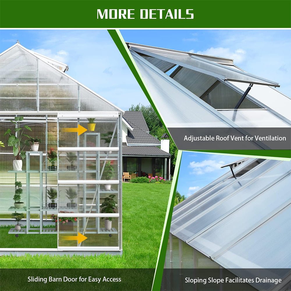 [10x12FT] Large Heavy Duty Outdoor Walk-In Polycarbonate Aluminum Frame Greenhouse With Adjustable Vents & Sliding Doors