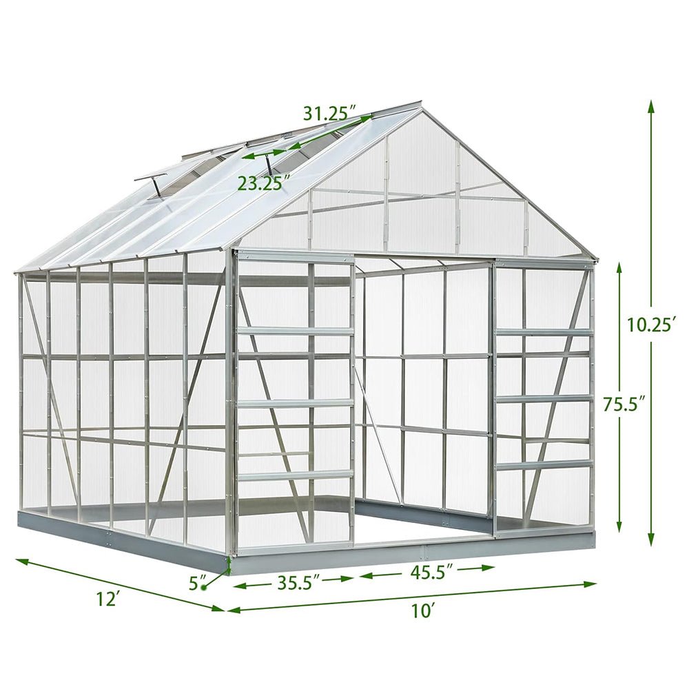 [10x12FT] Large Heavy Duty Outdoor Walk-In Polycarbonate Aluminum Frame Greenhouse With Adjustable Vents & Sliding Doors