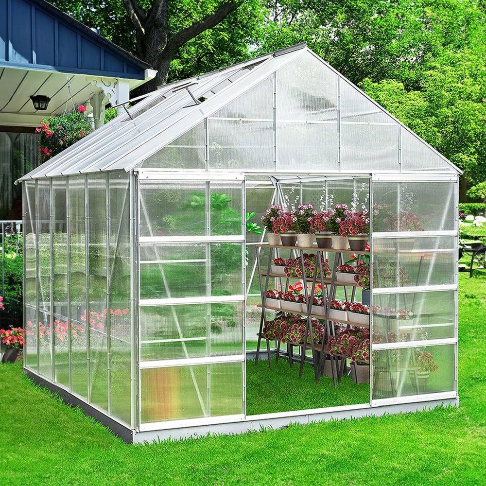 [10x12FT] Large Heavy Duty Outdoor Walk-In Polycarbonate Aluminum Frame Greenhouse With Adjustable Vents & Sliding Doors