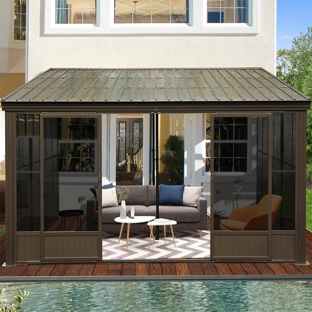 [12x14FT] Large Outdoor All-Season Wall Mounted Sunroom Solarium With Galvanized Steel Roof & Moveable PVC Screen