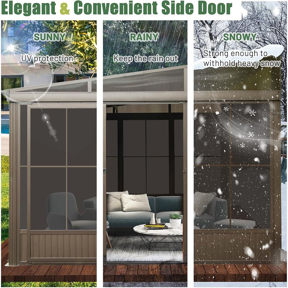 [12x14FT] Large Outdoor All-Season Wall Mounted Sunroom Solarium With Galvanized Steel Roof & Moveable PVC Screen