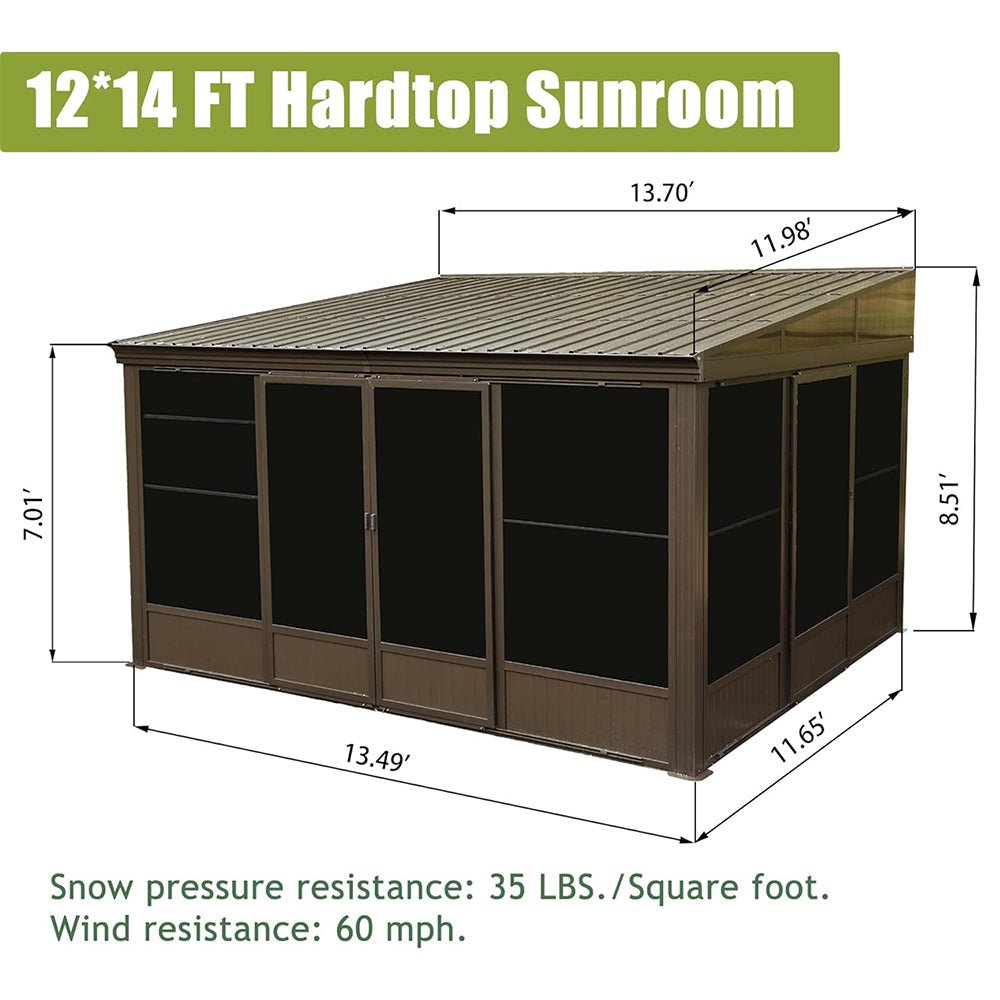 [12x14FT] Large Outdoor All-Season Wall Mounted Sunroom Solarium With Galvanized Steel Roof & Moveable PVC Screen