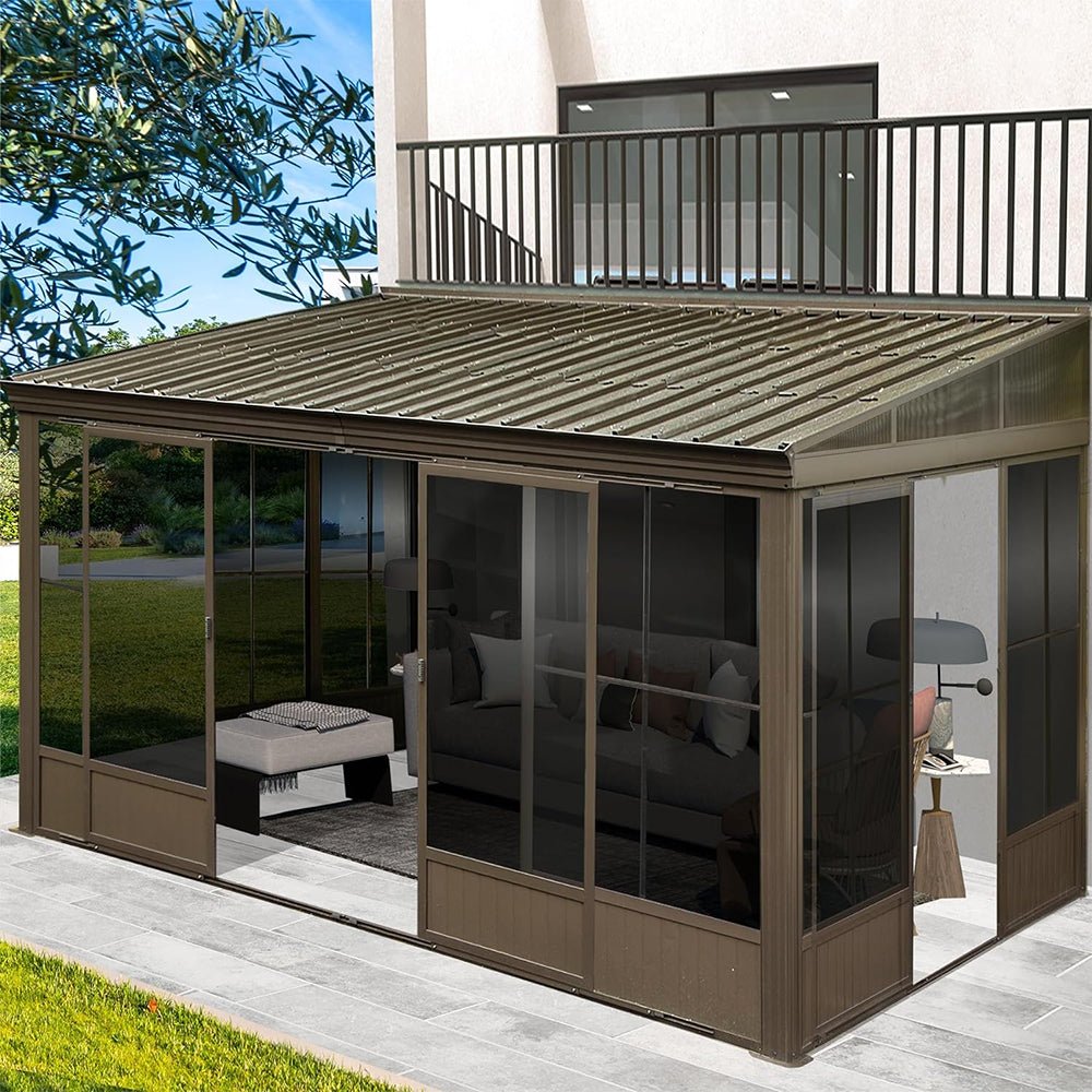 [12x14FT] Large Outdoor All-Season Wall Mounted Sunroom Solarium With Galvanized Steel Roof & Moveable PVC Screen