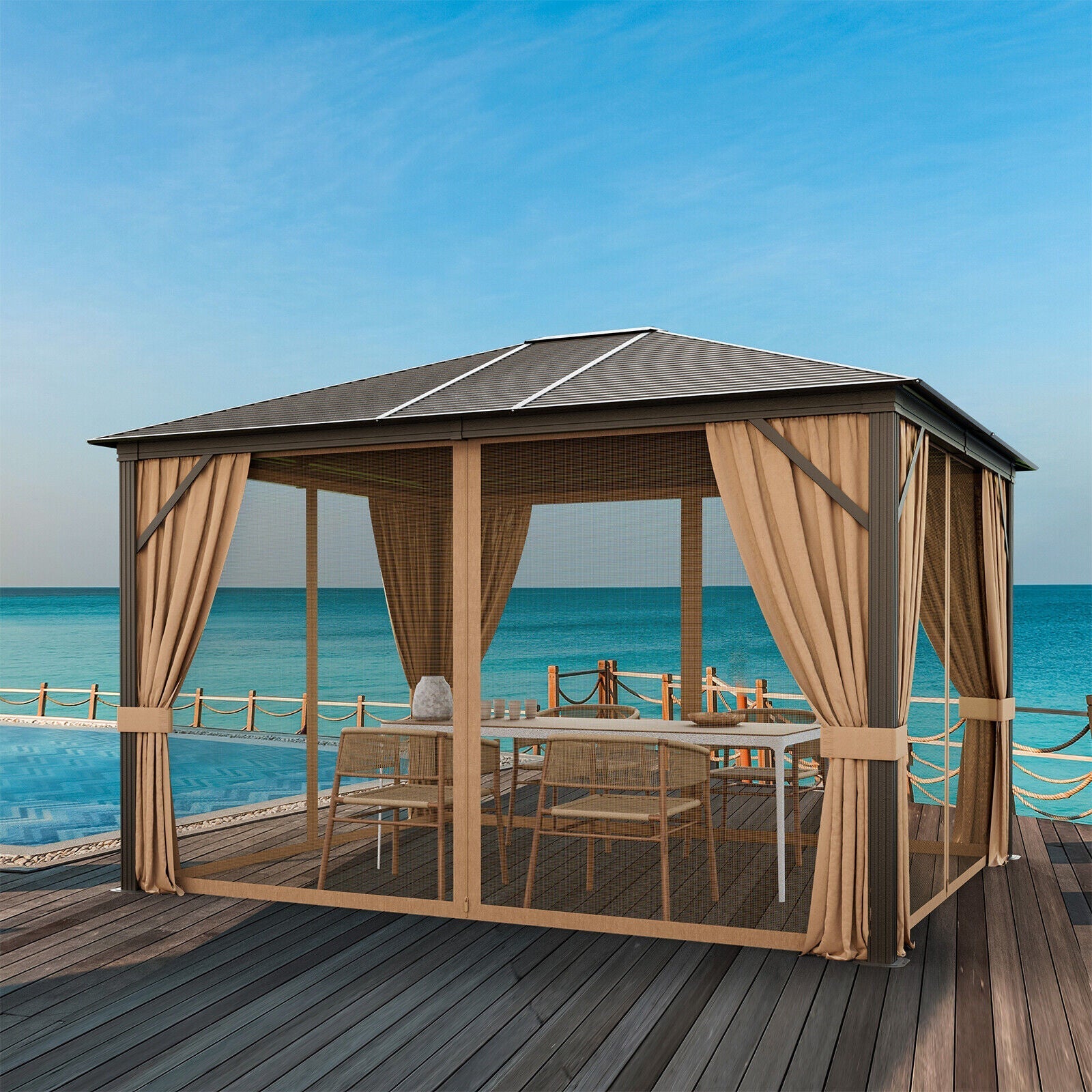 [10x12FT] Premium Outdoor Hardtop Patio Gazebo W/ Galvanized Steel Top & Aluminum Frame (94674065)