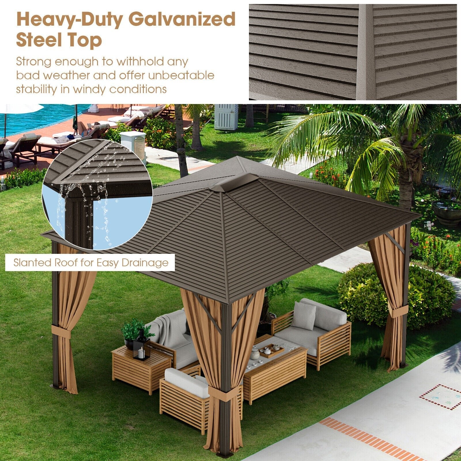 [10x12FT] Premium Outdoor Hardtop Patio Gazebo W/ Galvanized Steel Top & Aluminum Frame (94674065)