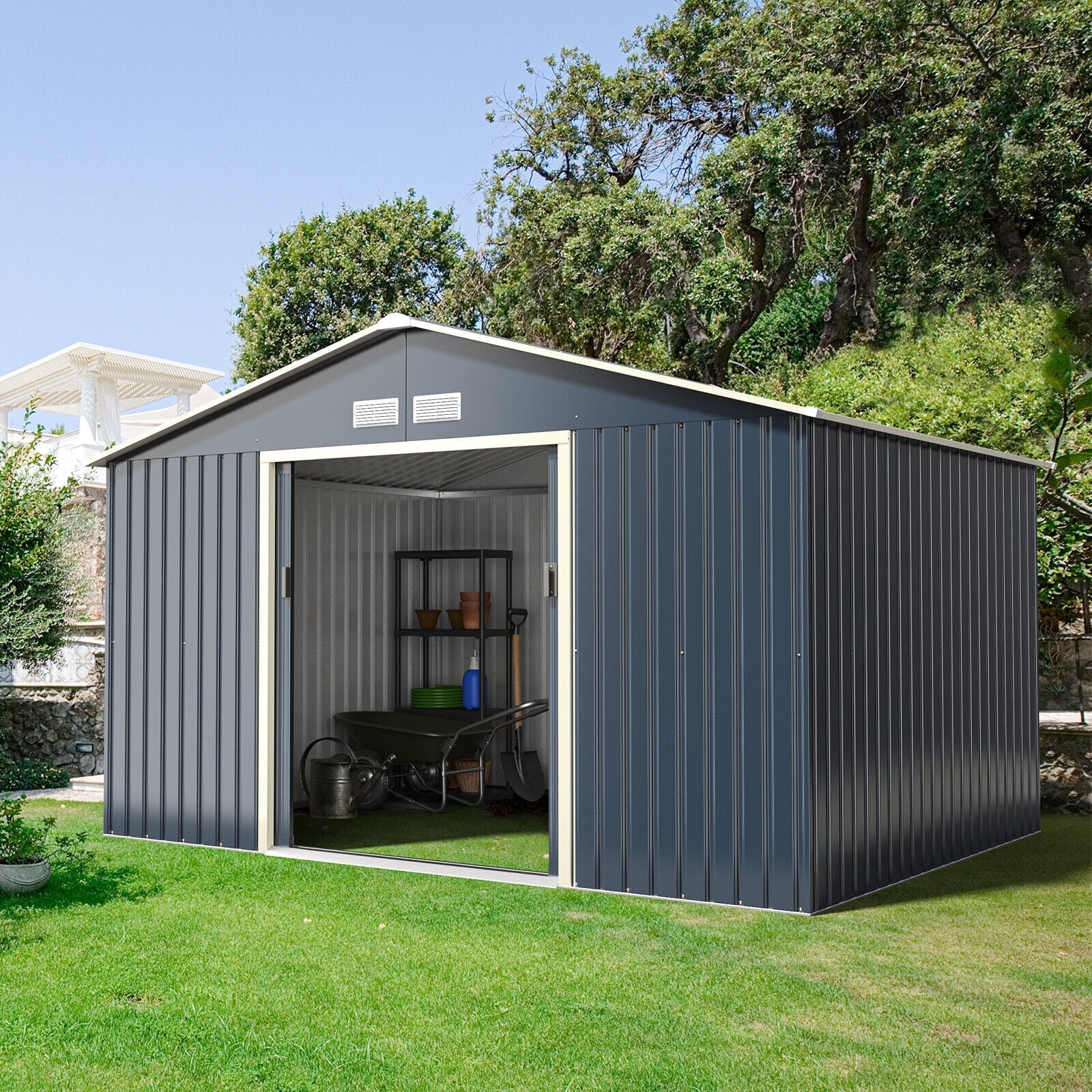Large Outdoor Metal Storage Backyard Shed W/ Lockable Sliding Doors, 11' x 8' (93064172)