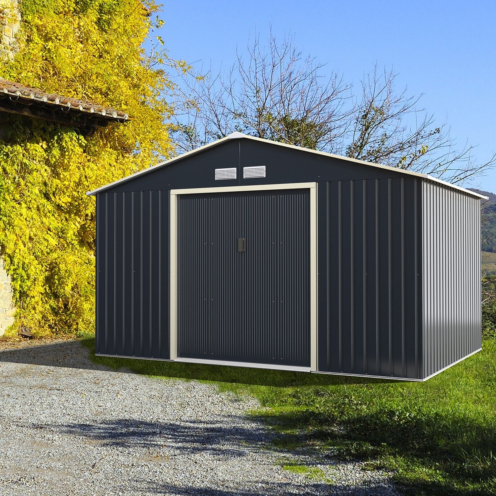 Large Outdoor Metal Storage Backyard Shed W/ Lockable Sliding Doors, 11' x 8' (93064172)