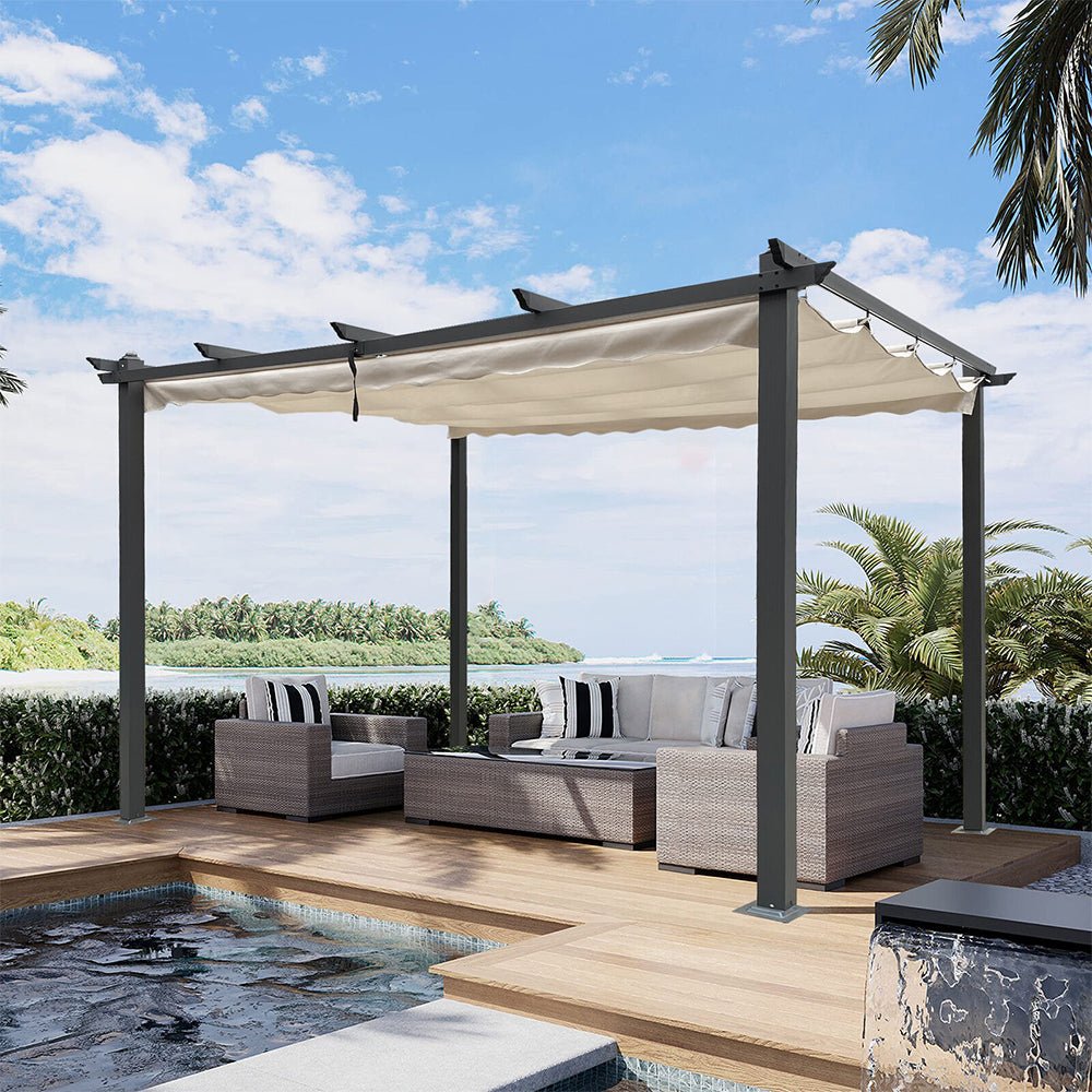 [10x13FT] Large Outdoor Patio Pergola With Canopy & Retractable Sun Shades, Beige (95317462)