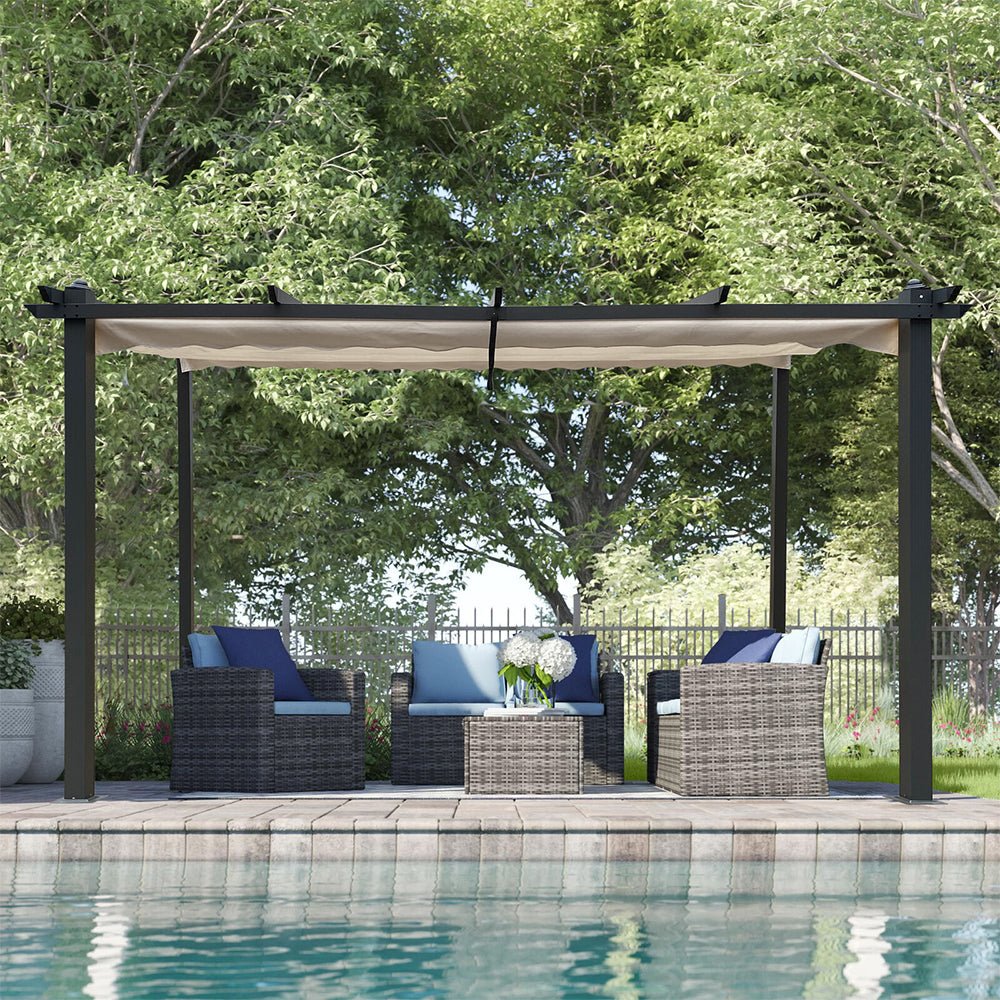 [10x13FT] Large Outdoor Patio Pergola With Canopy & Retractable Sun Shades, Beige (95317462)